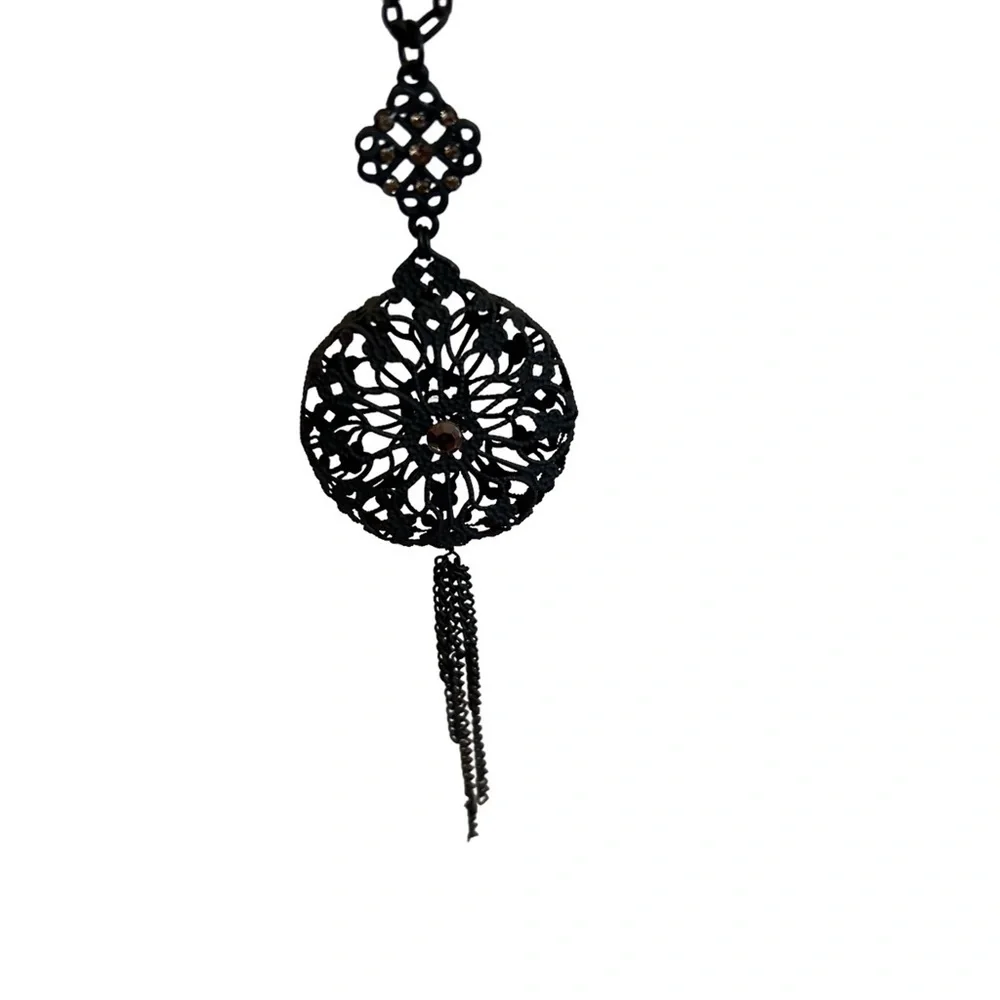 Necklace Stephan & Co. Matte Black 3D Lace Metal Pink Rhinestone Tassel